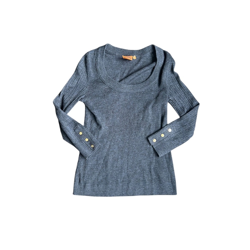 Tory Burch Ribbed Merino Wool Long Sleeve Sweater Crew Neck Navy Blue Size S
